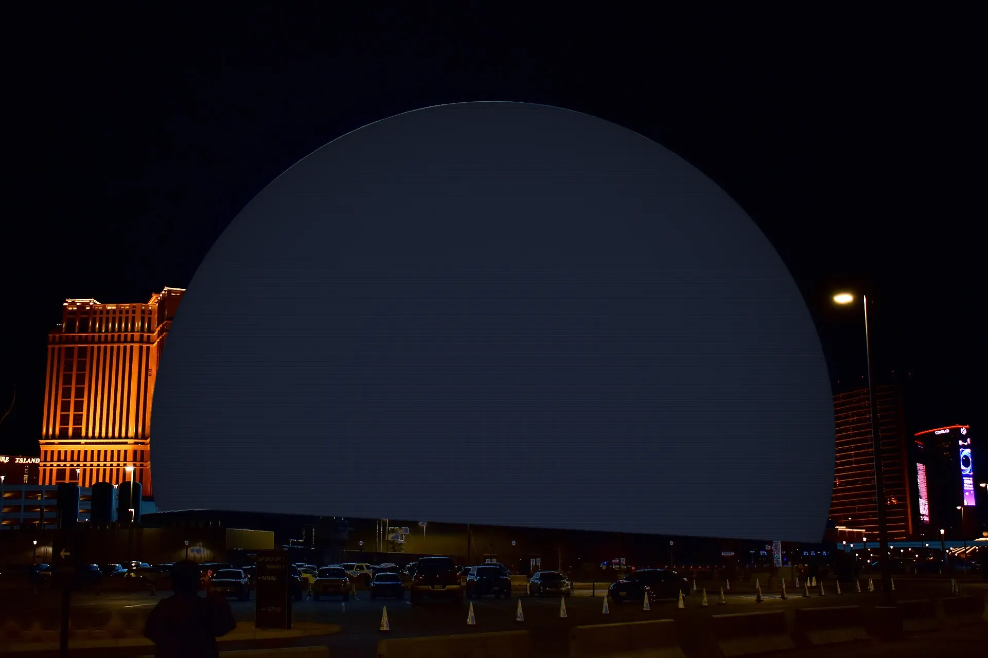 The Sphere in Las Vegas at night with its screen off