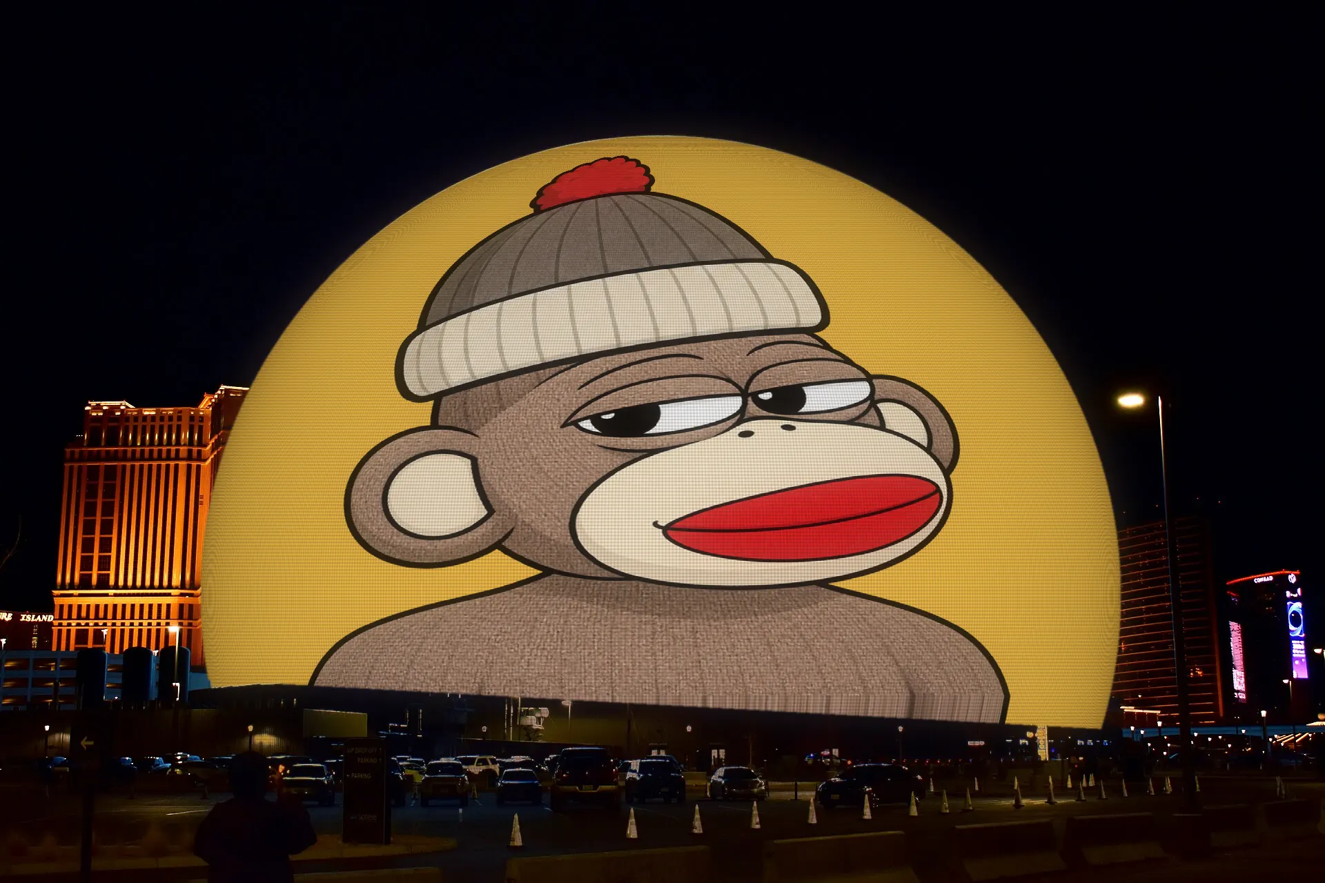 The Sphere lit up with Luno's face